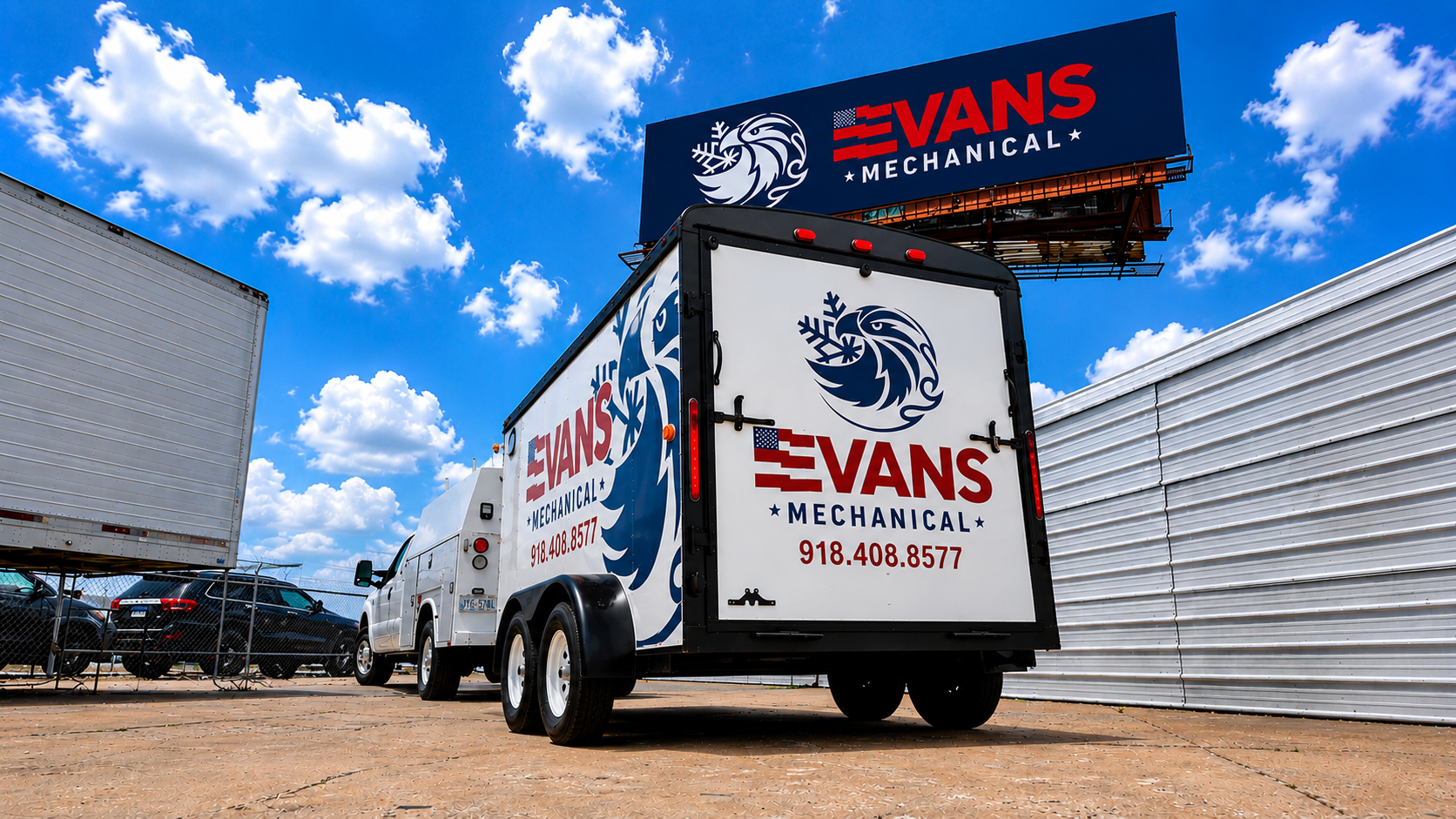 Evans Mechanical service truck and branded trailer in Tulsa with company billboard